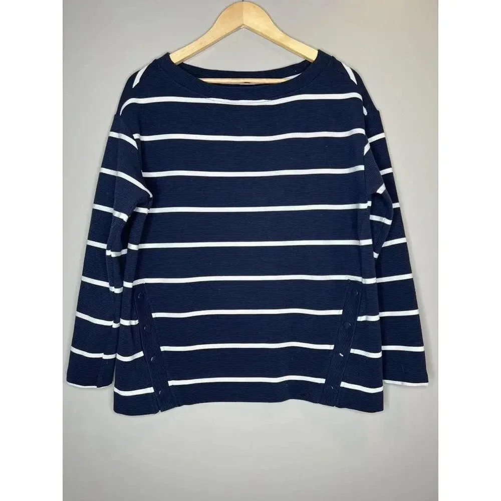 Lou & Grey Navy White Striped Side Snap Sweatshirt Relaxed Fit Pullover Sz Small
